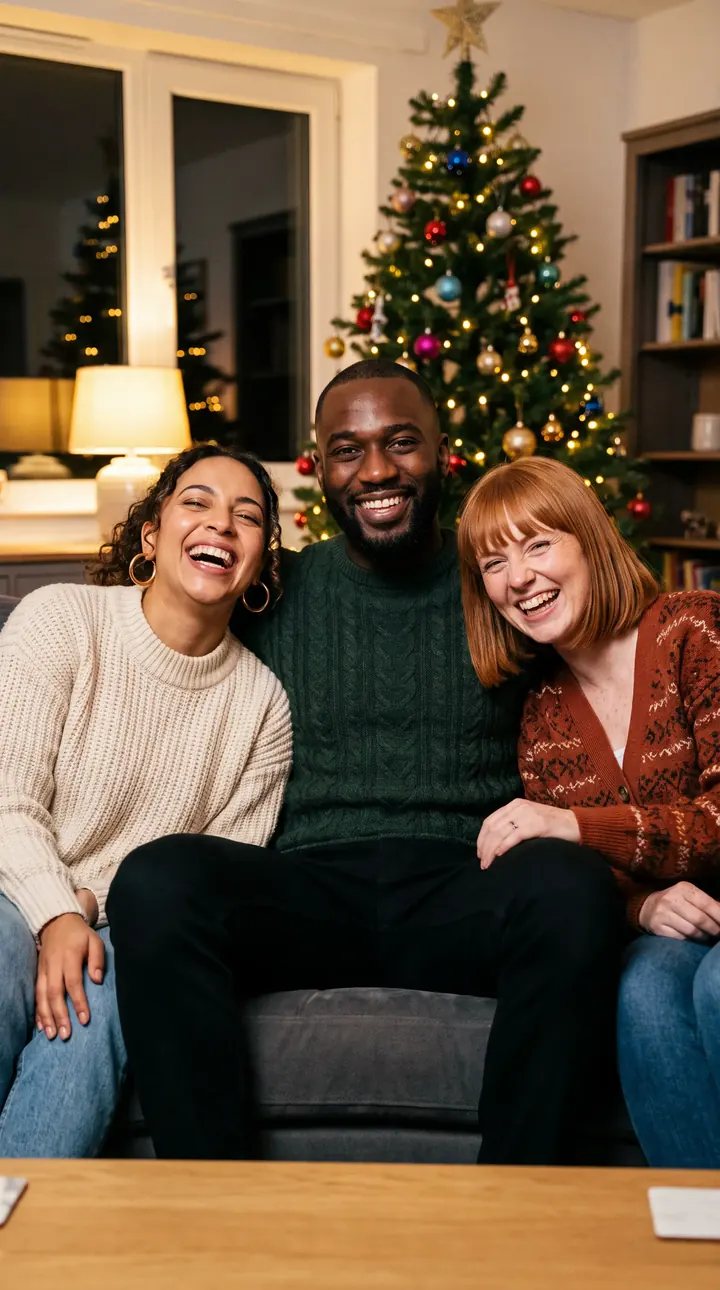 Three friends laughing on a sofa by a Christmas tree